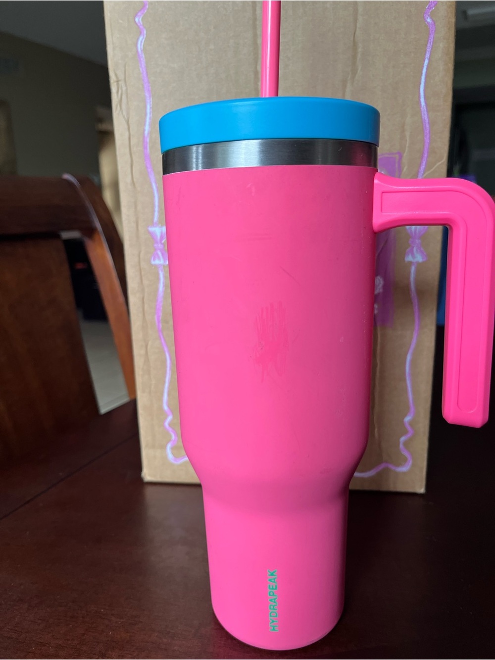 Hot Pink Tumbler with Turquoise Lid and Handle